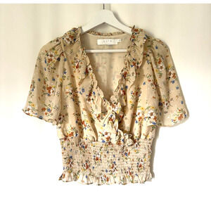 ASTR Womens Top Blouse Small Cropped Yellow Floral Ruffles Short Flutter Sleeve